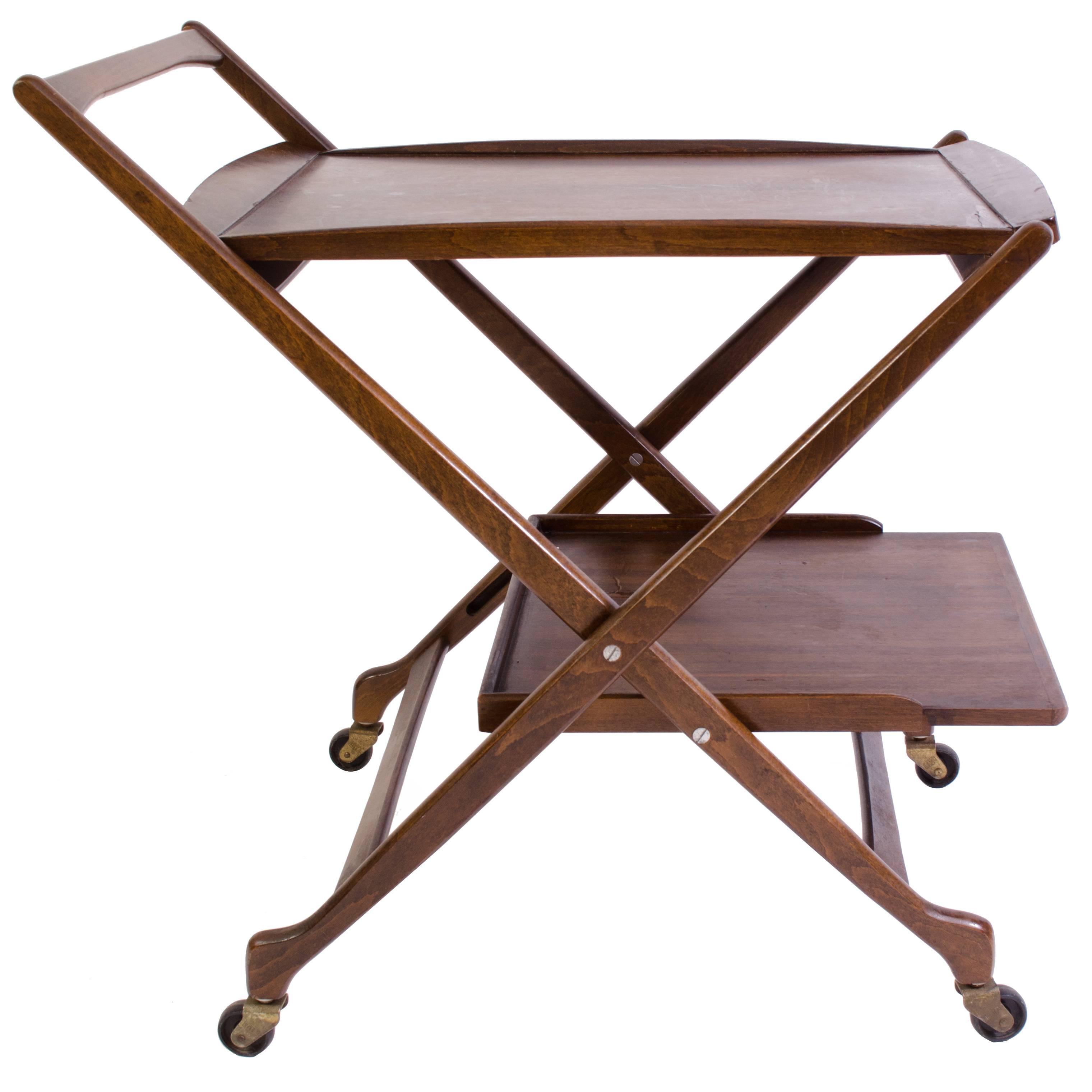 Danish Folding Walnut Bar Cart with Serving Tray