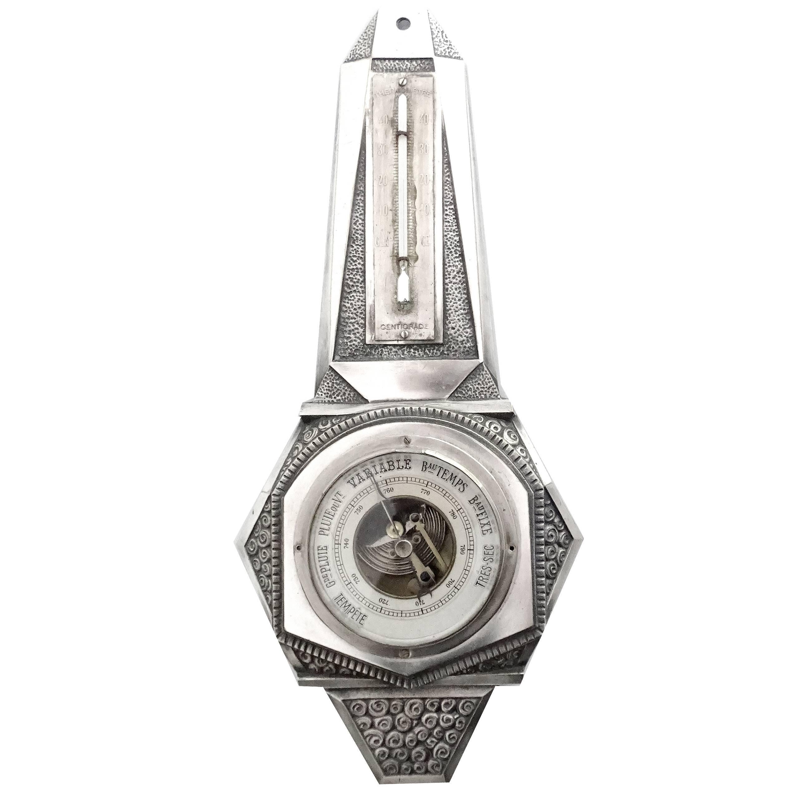 Large French Art Deco Barometer Weather Station,  Silver Plated, 1930s Design