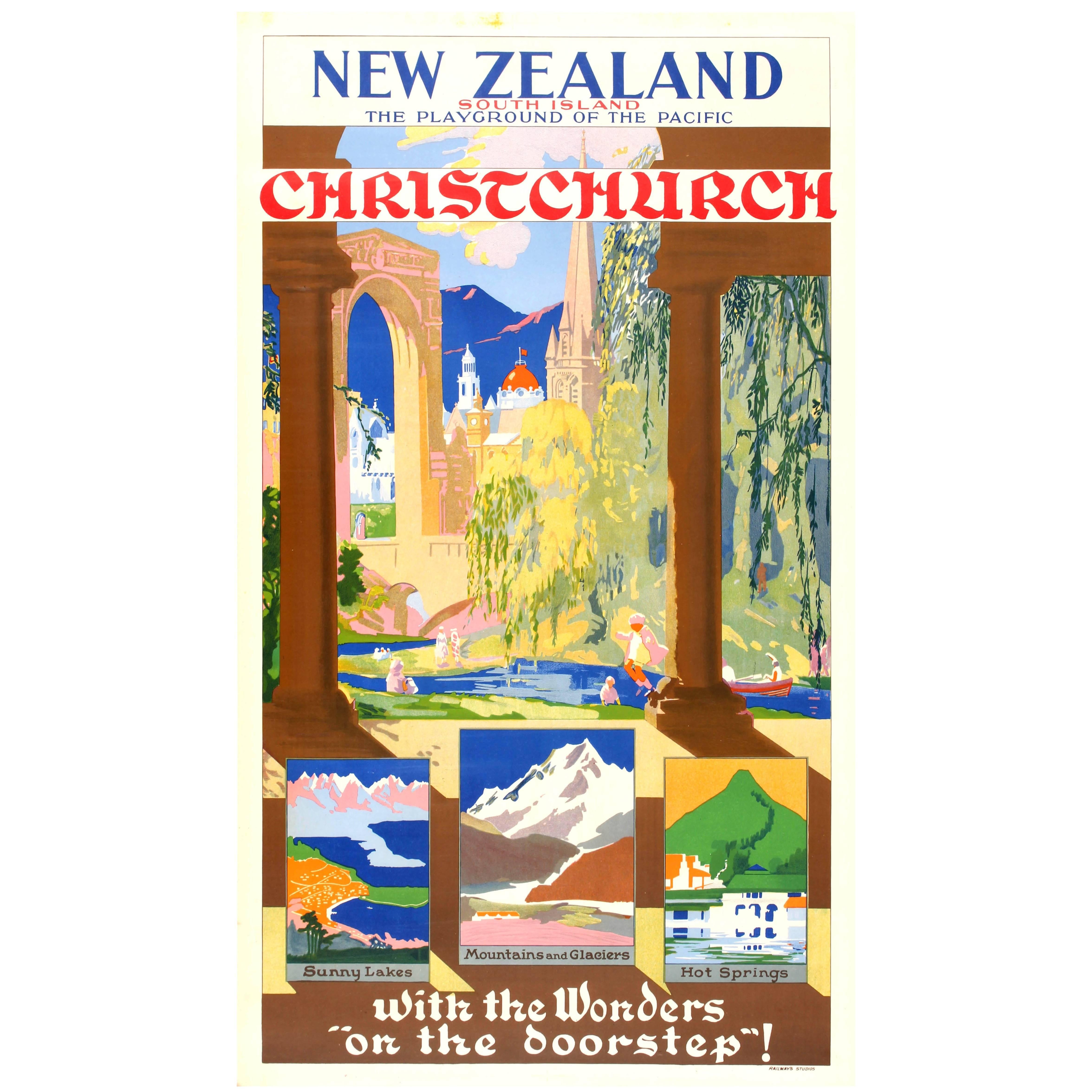 1930s New Zealand Travel Poster “Playground of the Pacific Christchurch”