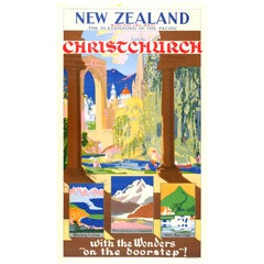 Vintage 1930s New Zealand Travel Poster “Playground of the Pacific Christchurch”