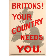 Original 1914 World War One Propaganda Poster "Britons! Your Country Needs You"