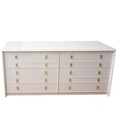 Mid-Century Modern White Lacquered and Iconic X Brass Pulls Paul Frankl Dresser