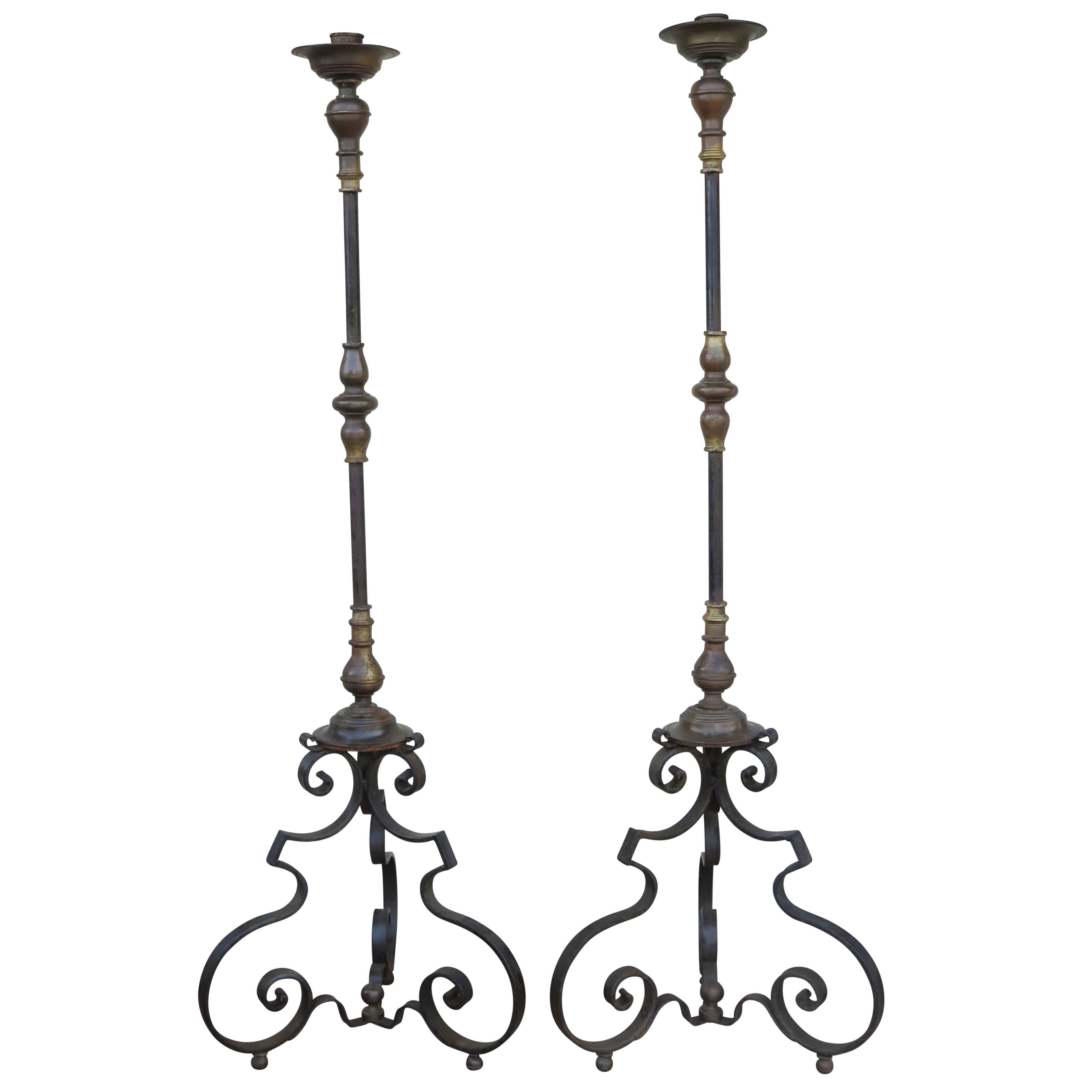 Excellent Pair of Iron and Bronze Torcheres Candleholders Spanish or Italian