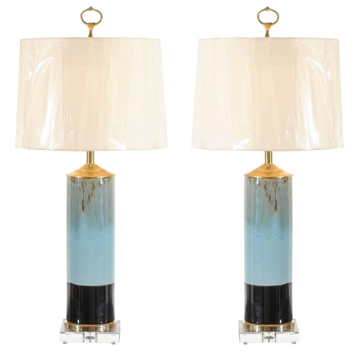 Beautiful Pair of Drip Glaze Ceramic Lamps with Lucite and Brass Accents