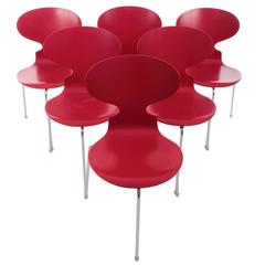 Set of Six Red Classic "Ant Chairs" by Arne Jacobsen, Fritz Hansen, 1952