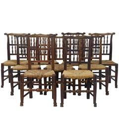 Set of Nine Early 19th Century Elm and Fruitwood Lancashire Spindleback Chairs