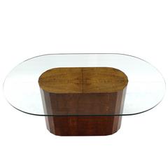 Large Burl Wood Base Thick Glass Top Oval Dining Table
