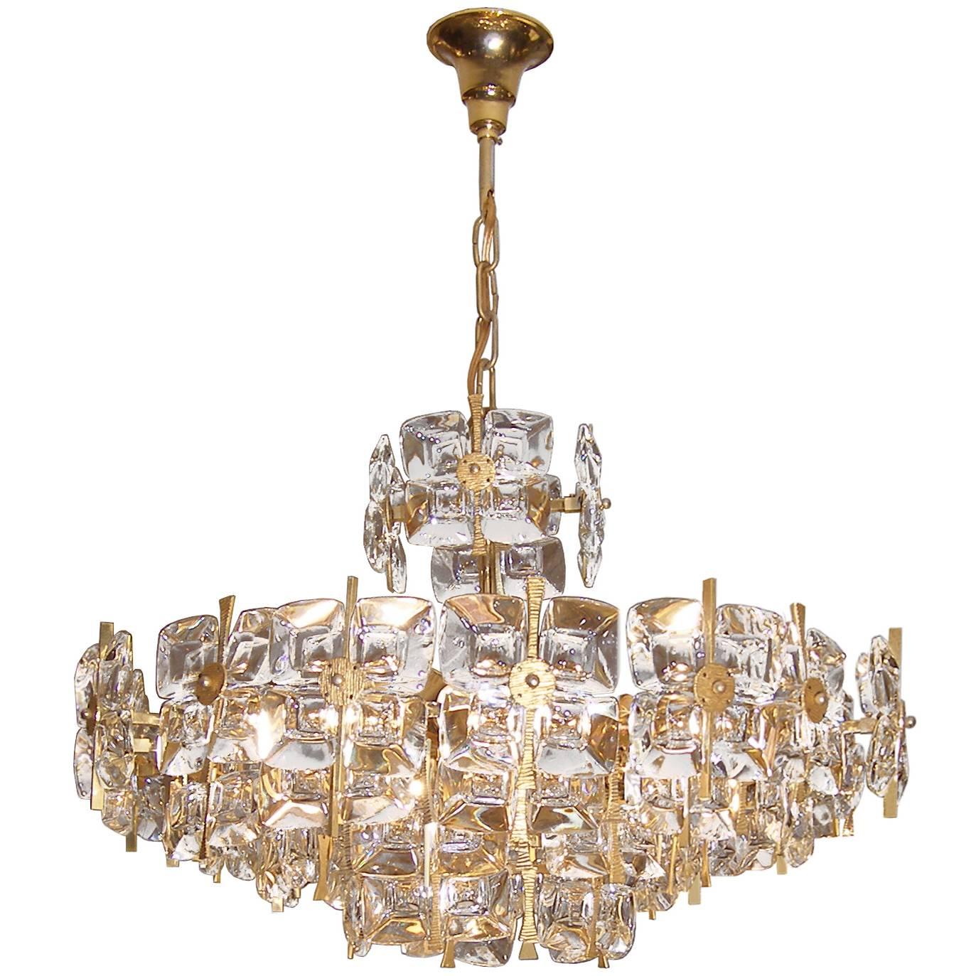 Gilt Brass and Glass Tiered Chandelier by Palwa For Sale