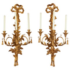 Pair of Louis XVI Style Giltwood Three-Light Wall Appliques