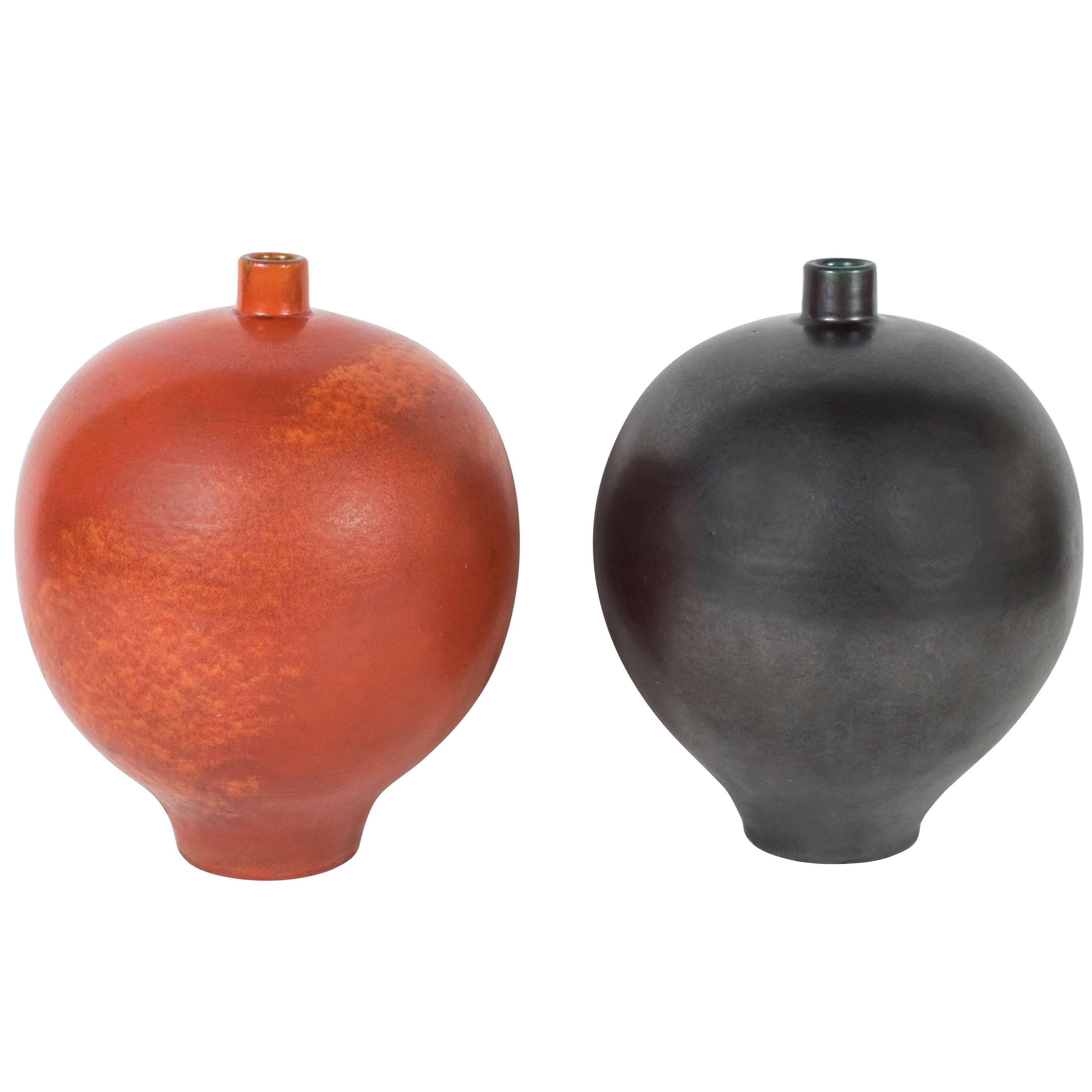 Pair of Black and Orange Primavera Vases For Sale