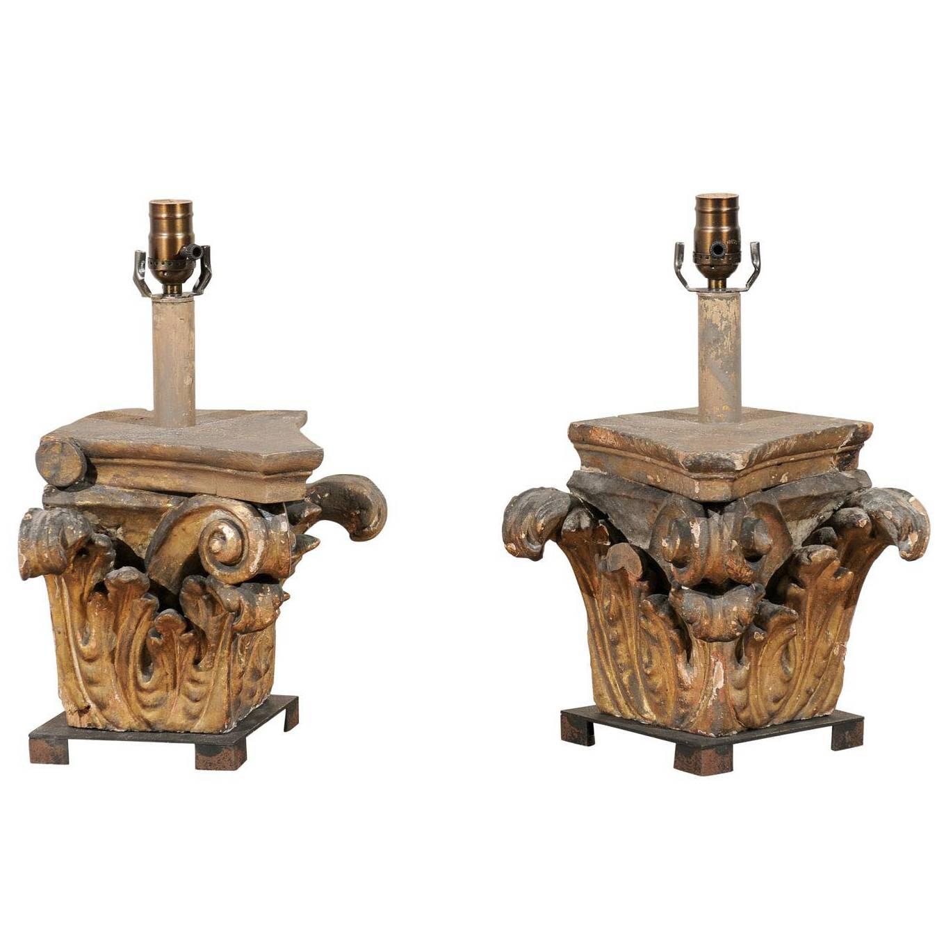 Pair of 19th C Italian Wooden Corinthian Capital Fragments Made into Table Lamps