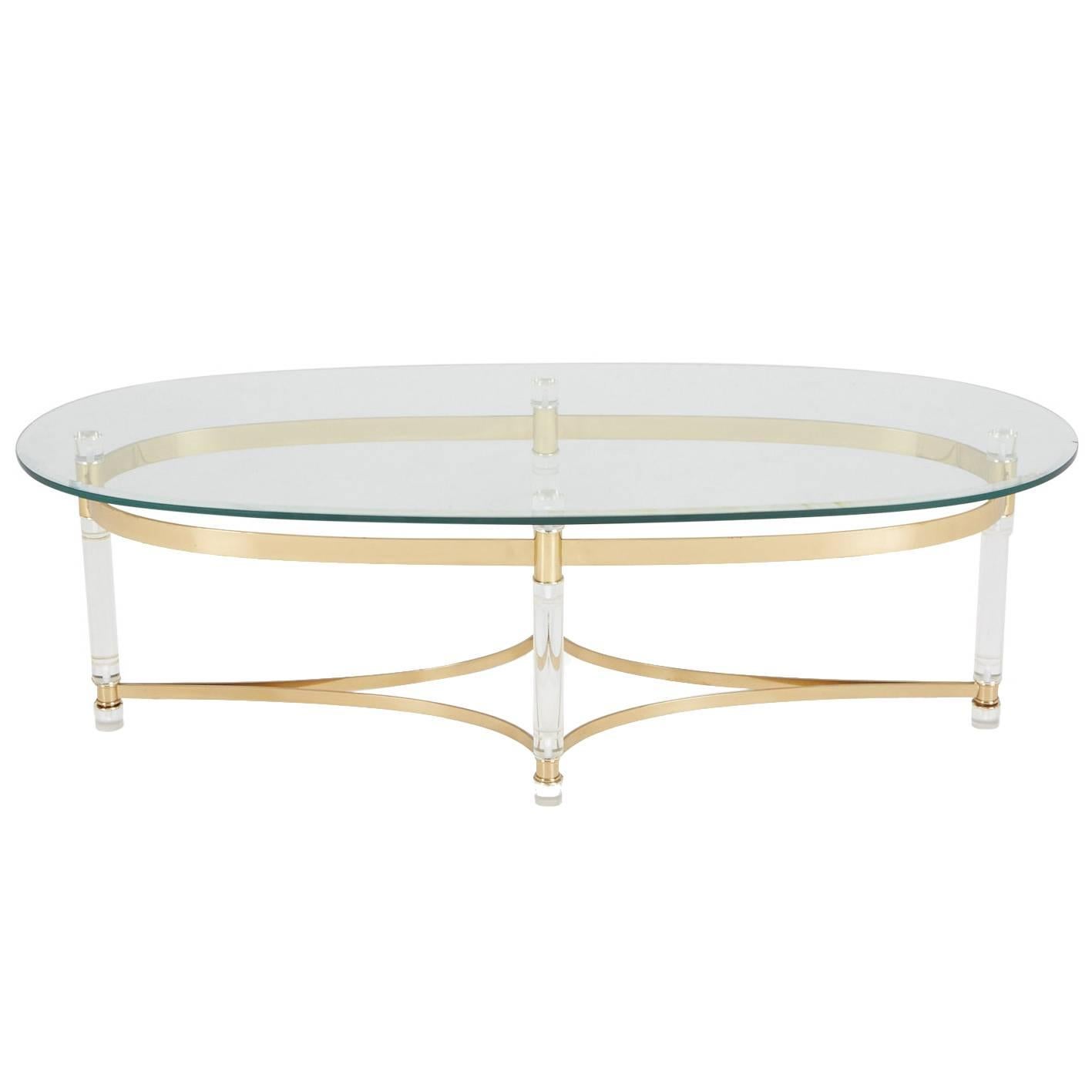 Charles Hollis Jones Style Lucite and Brass Regency Coffee Table, circa 1970