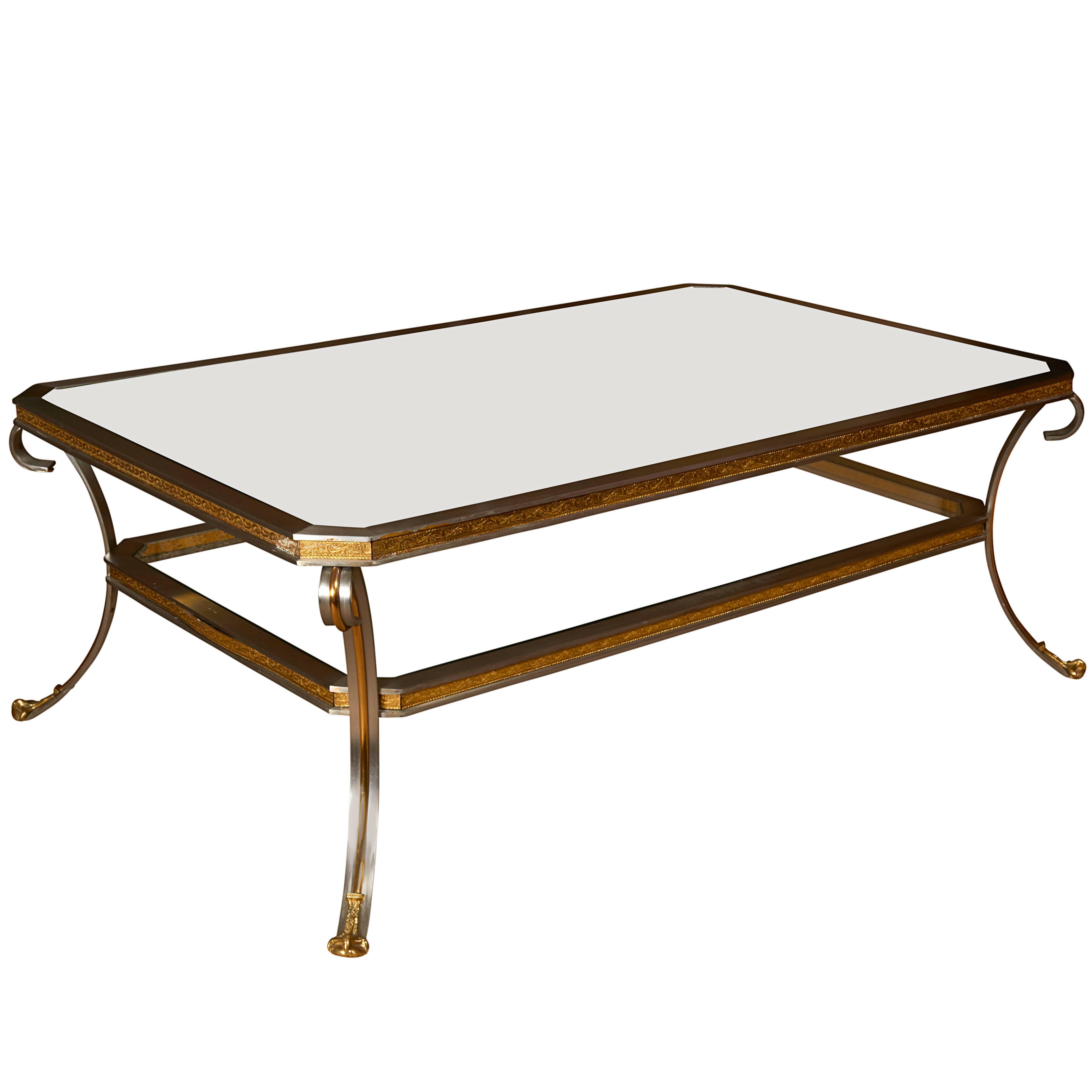 Jansen Polished Steel, Brass and Mirror Coffee Table