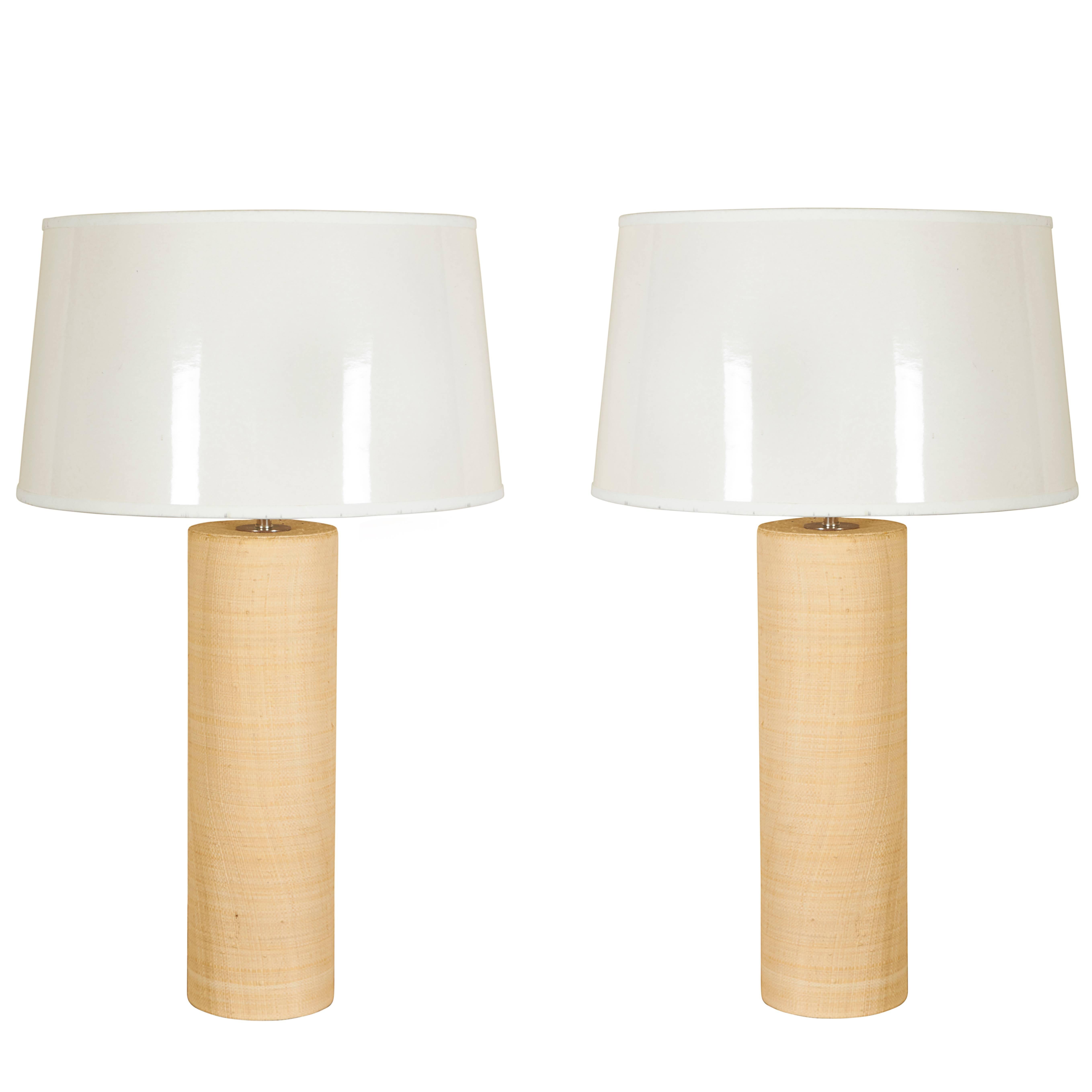 Pair of Raffia Pillar Lamps