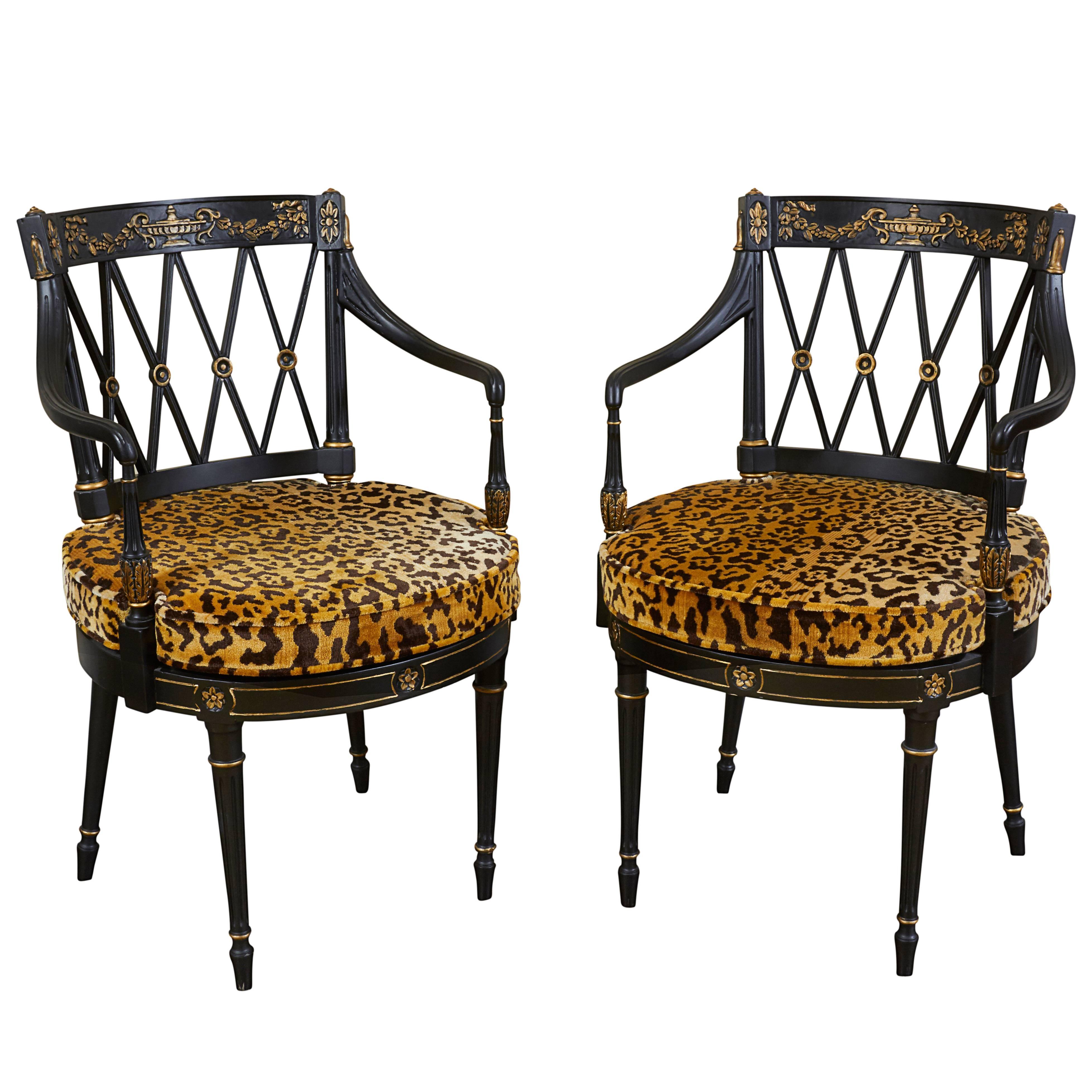 Pair of Directoire Style Black and Gilt Armchairs