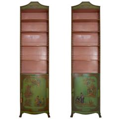 Vintage Pair of Green Chinoiserie Bowfront Bookcases