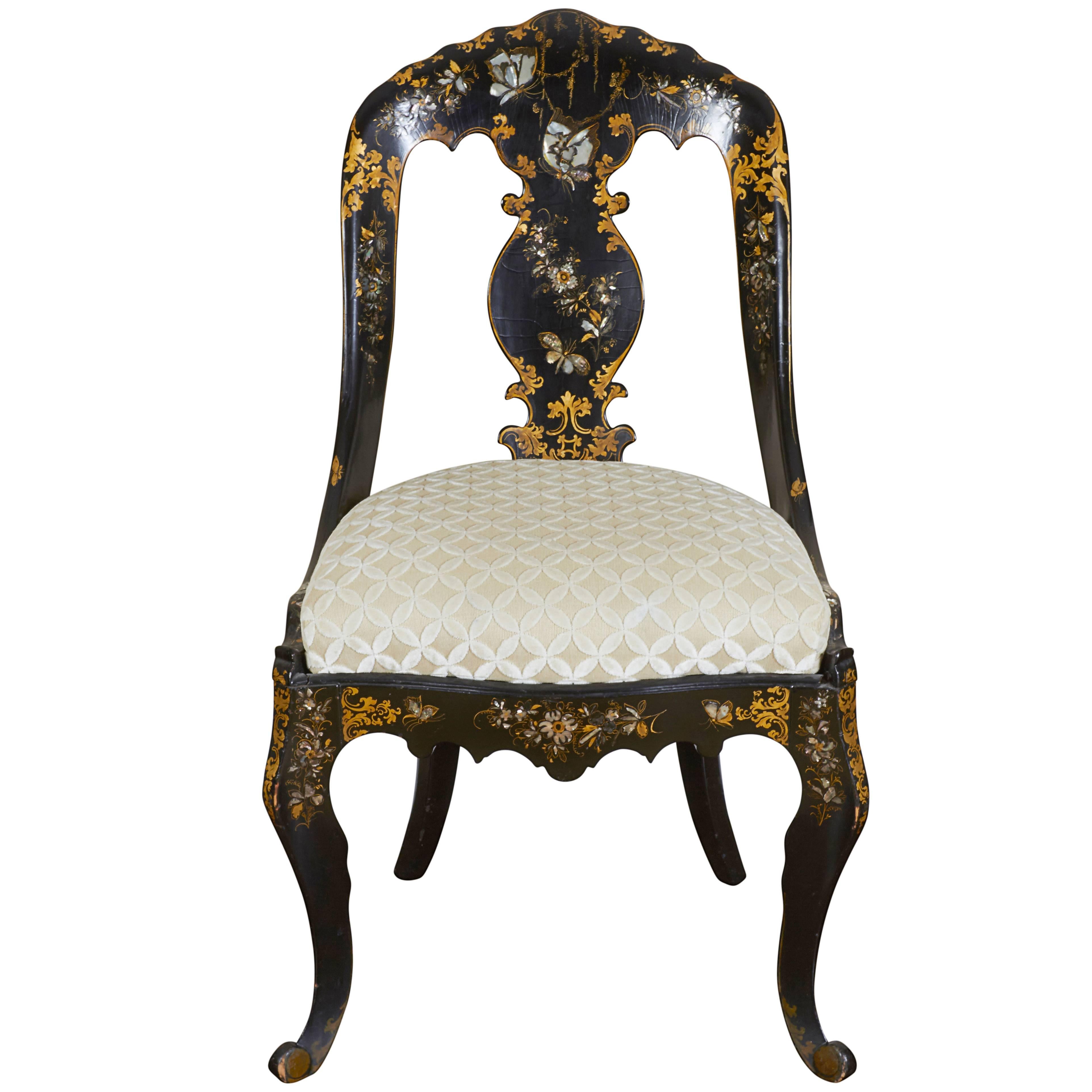 19th Century Black Lacquer Papier Mache Chair with Mother-of-pearl Inlay