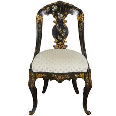 Antique 19th Century Black Lacquer Papier Mache Chair with Mother-of-pearl Inlay