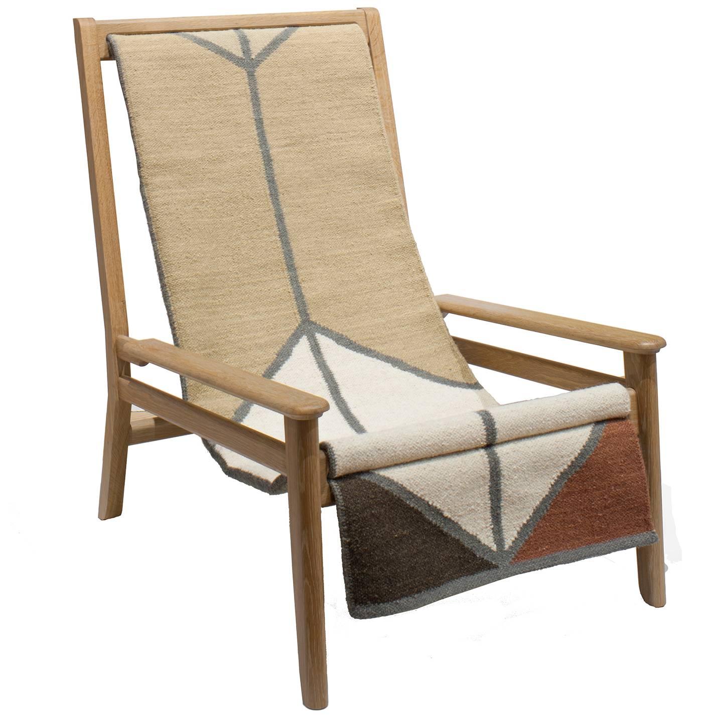 Sling Chair / Lounge Chair in Cerused White Oak, Wool Sling with rust colorway