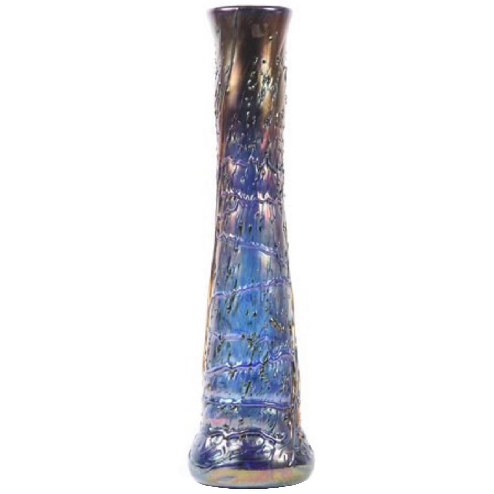 Large Art Nouveau Art Glass Vase, Rainbow Colors For Sale