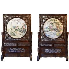 Antique Rare Pair of Extremely Large Chinese Carved Wood and Porcelain Table Screens