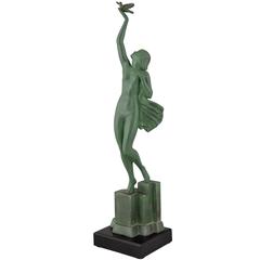 French Art Deco Sculpture Nude with Dove Fayral, Le Faguays, 1930