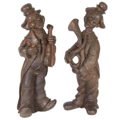 Pair of 1920s Solid Carved Wood Clown Figures