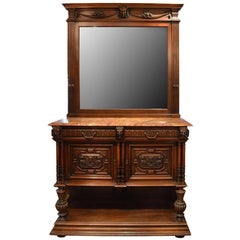 Antique French Hand-Carved Sideboard with Tall Mirror