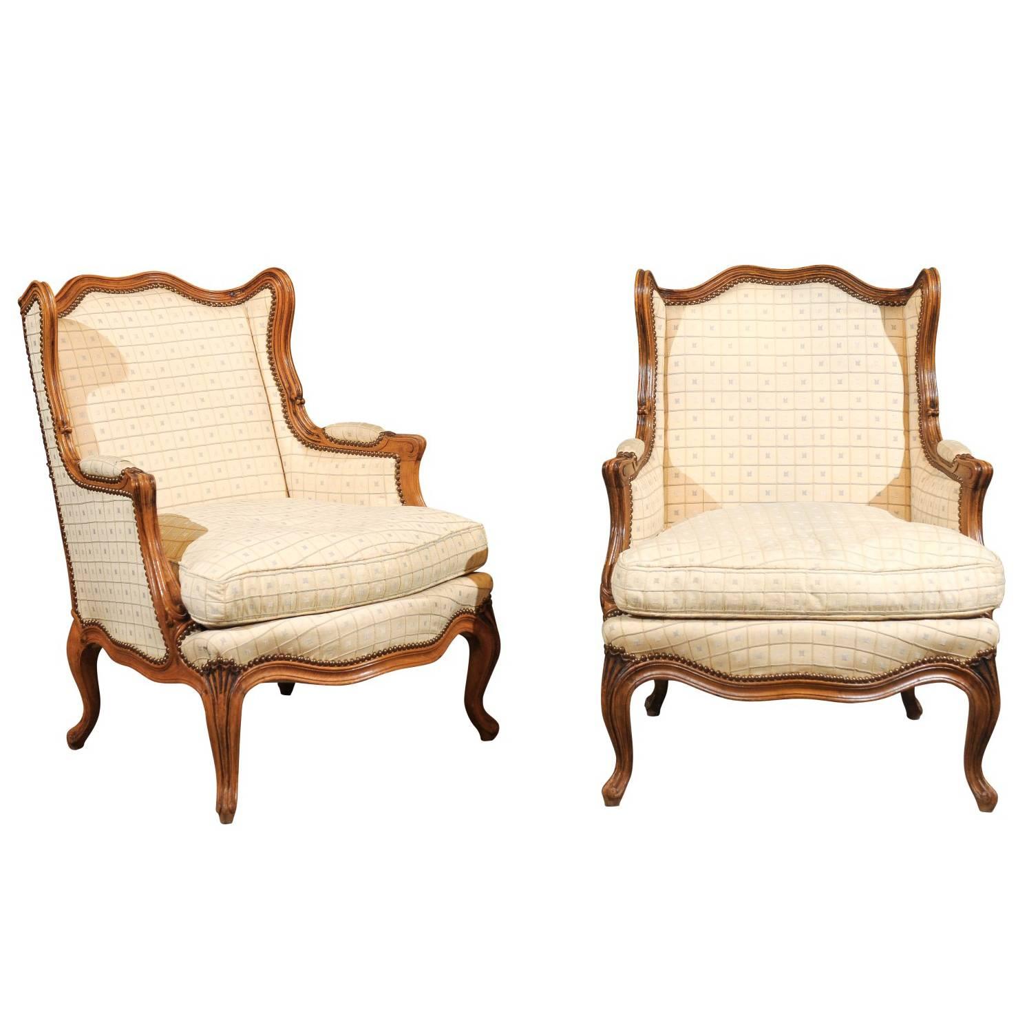 Pair of 19th Century Walnut  Louis XV Style Bergeres, circa 1880 For Sale
