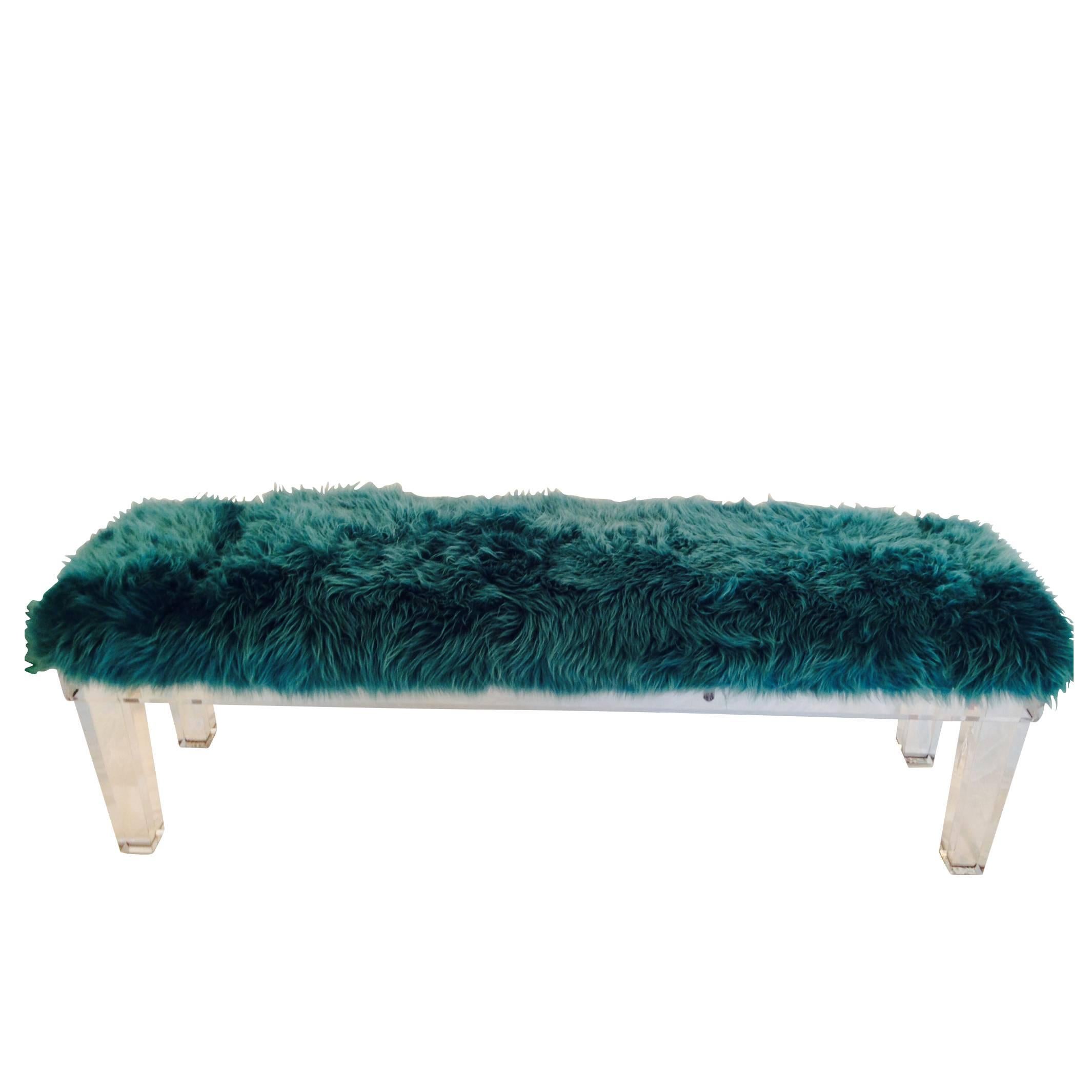 21st Century Lucite Slab & Mongolian Fur Upholstered Long Bench For Sale