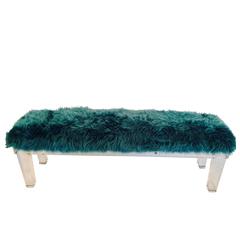 21st Century Lucite Slab & Mongolian Fur Upholstered Long Bench