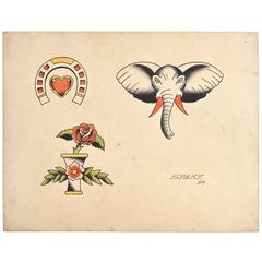 Vintage Original Tattoo Flash Drawing Signed Spike and Dated 1954