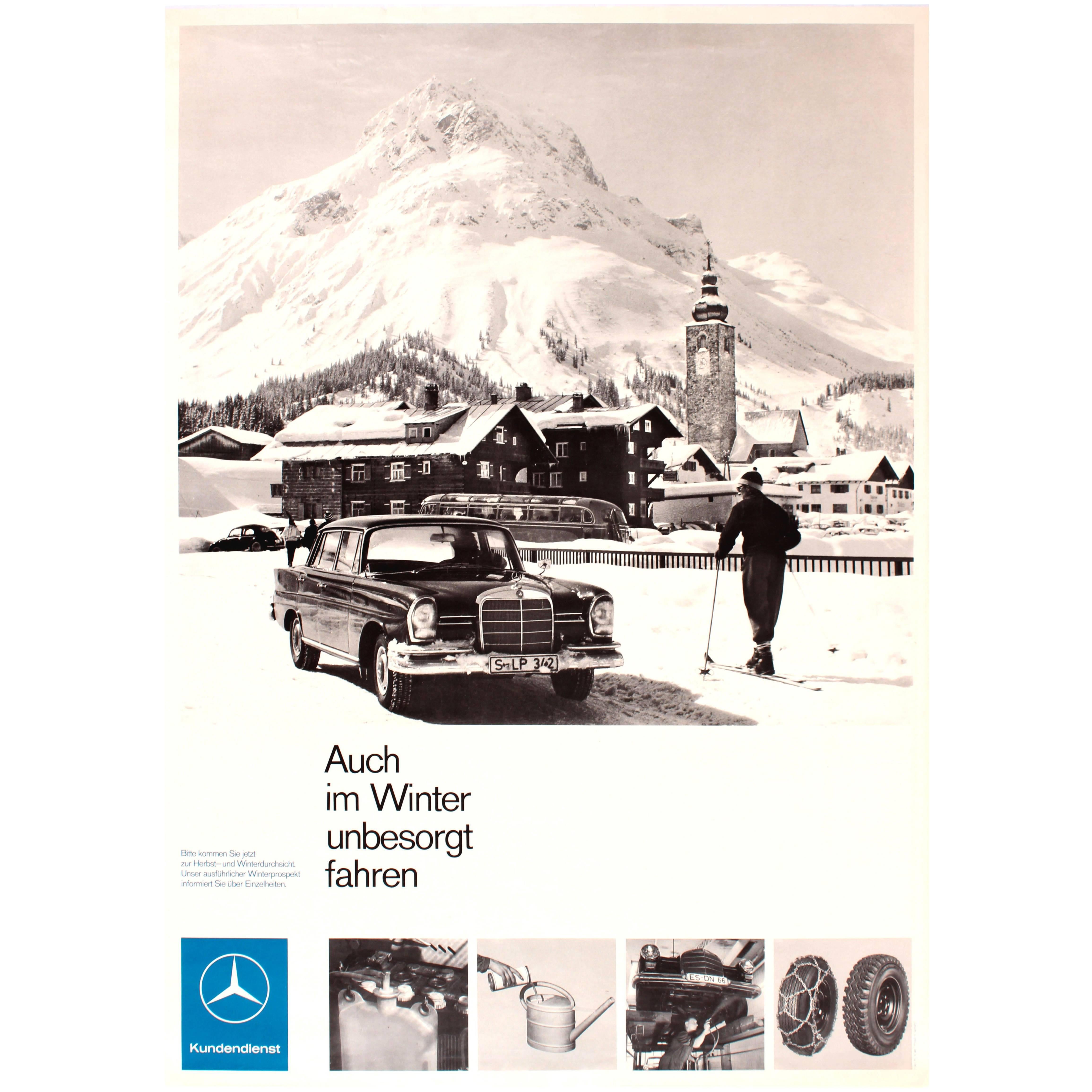 Original Vintage Mercedes Benz Advertising Poster, Even in Winter Drive Safely For Sale