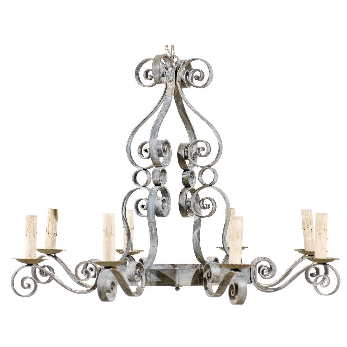 French Vintage Eight-Light Painted Iron Chandelier with S-Scrolls Throughout