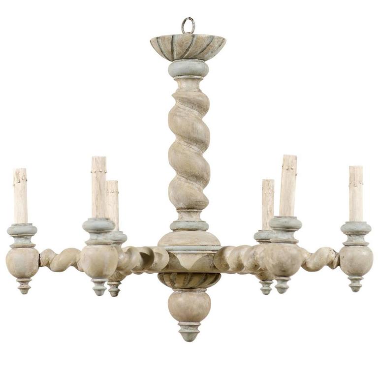 French Six Light Painted Wood Chandelier With Barley Twist Central French Six Light Painted Wood Chandelier With Barley Twist Central Column Arms For