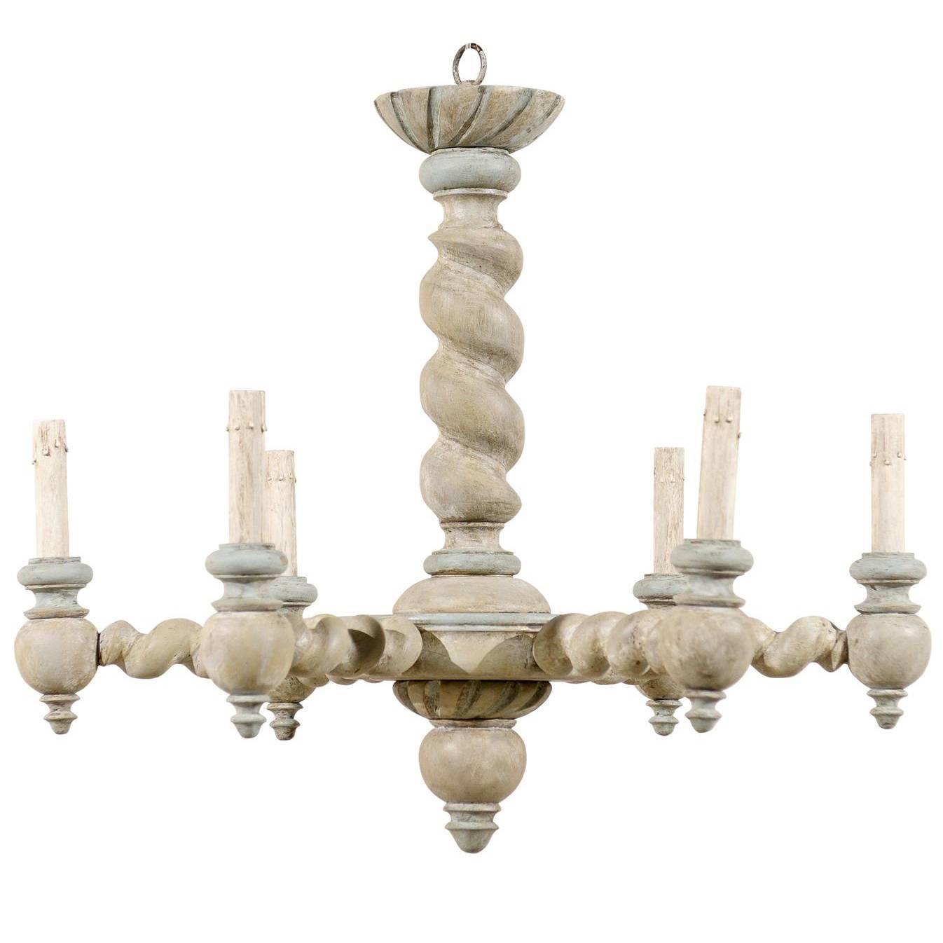 French Six-Light Painted Wood Chandelier with Barley Twist Central Column/Arms