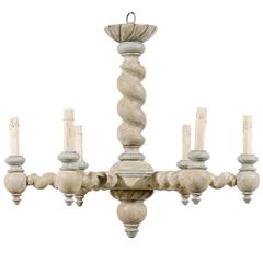 French Six-Light Painted Wood Chandelier with Barley Twist Central Column/Arms