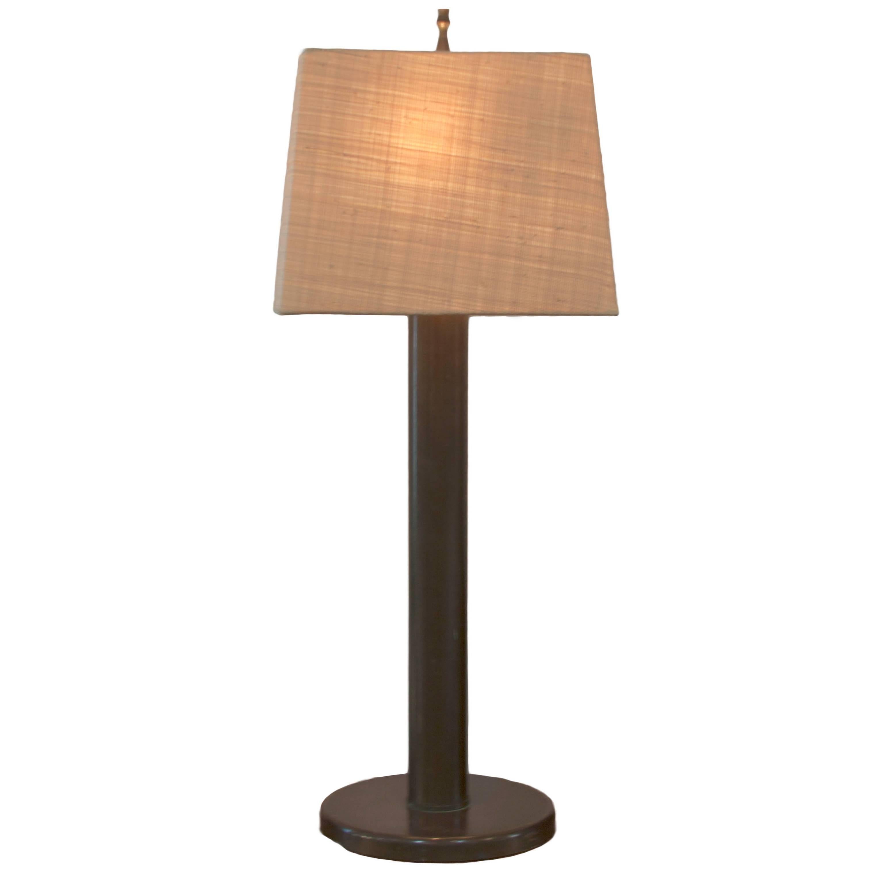 Mid-Century Modern American Bronze Table Lamp with Linen Shade For Sale