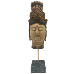Hand-Painted Wooden Kwan Yin Statue on Marble Stand
