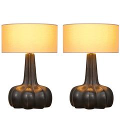 Pair of Sculptural Enamelled Ceramic Organic Modern Table Lamps from France