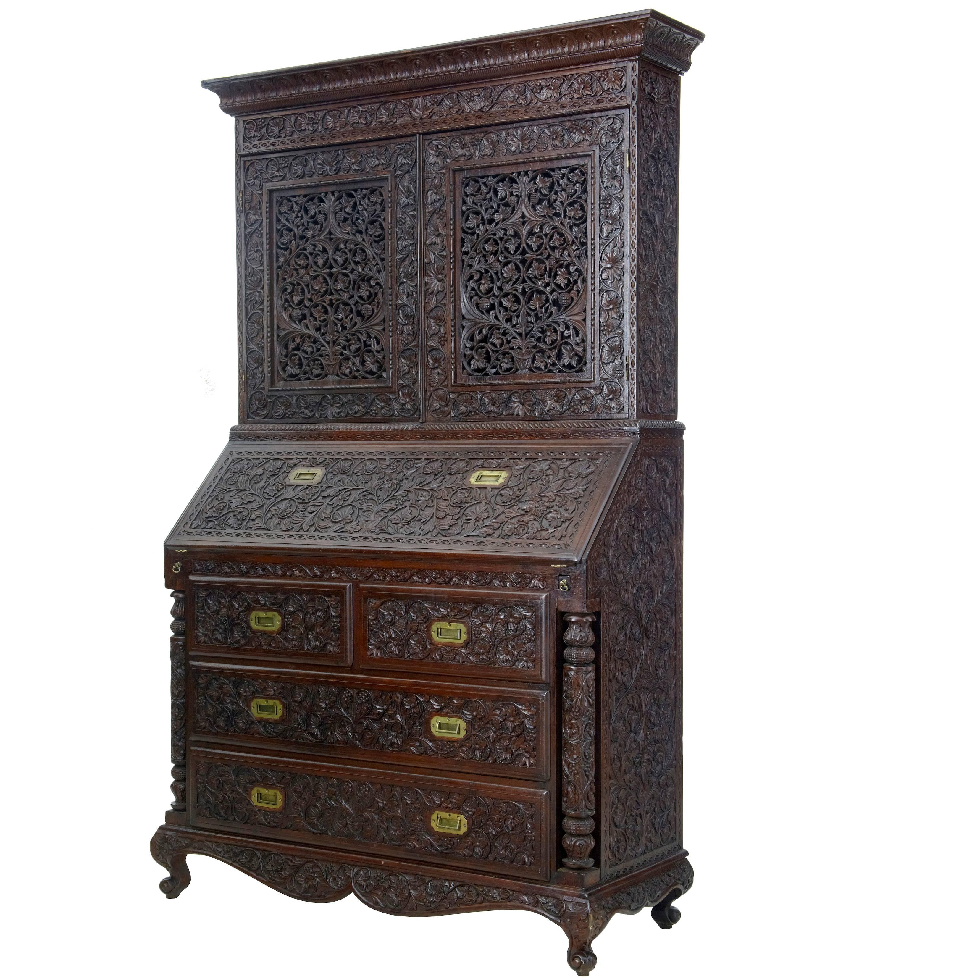 Late 19th Century Carved Anglo-Indian Padouk Bureau Bookcase