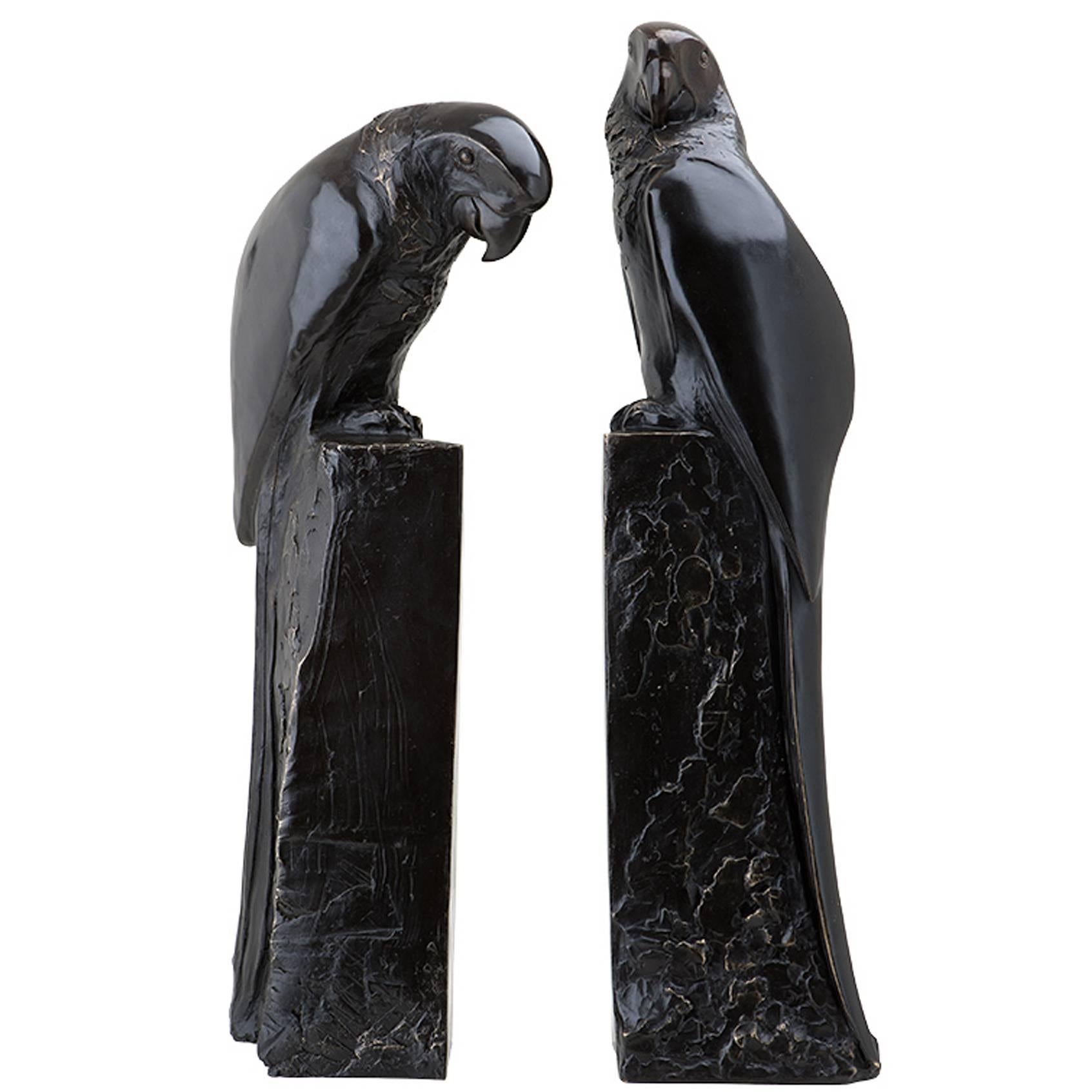 Parrot Set of Two Book Ends in Solid Bronze Patina
