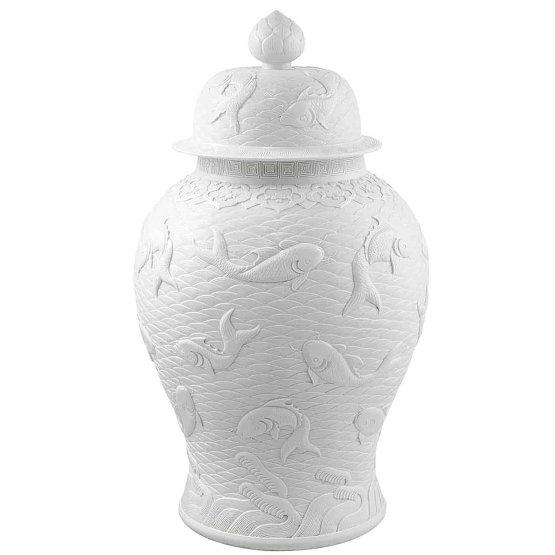 Karps Vase in White Relief Ceramic with Japanese Fishes