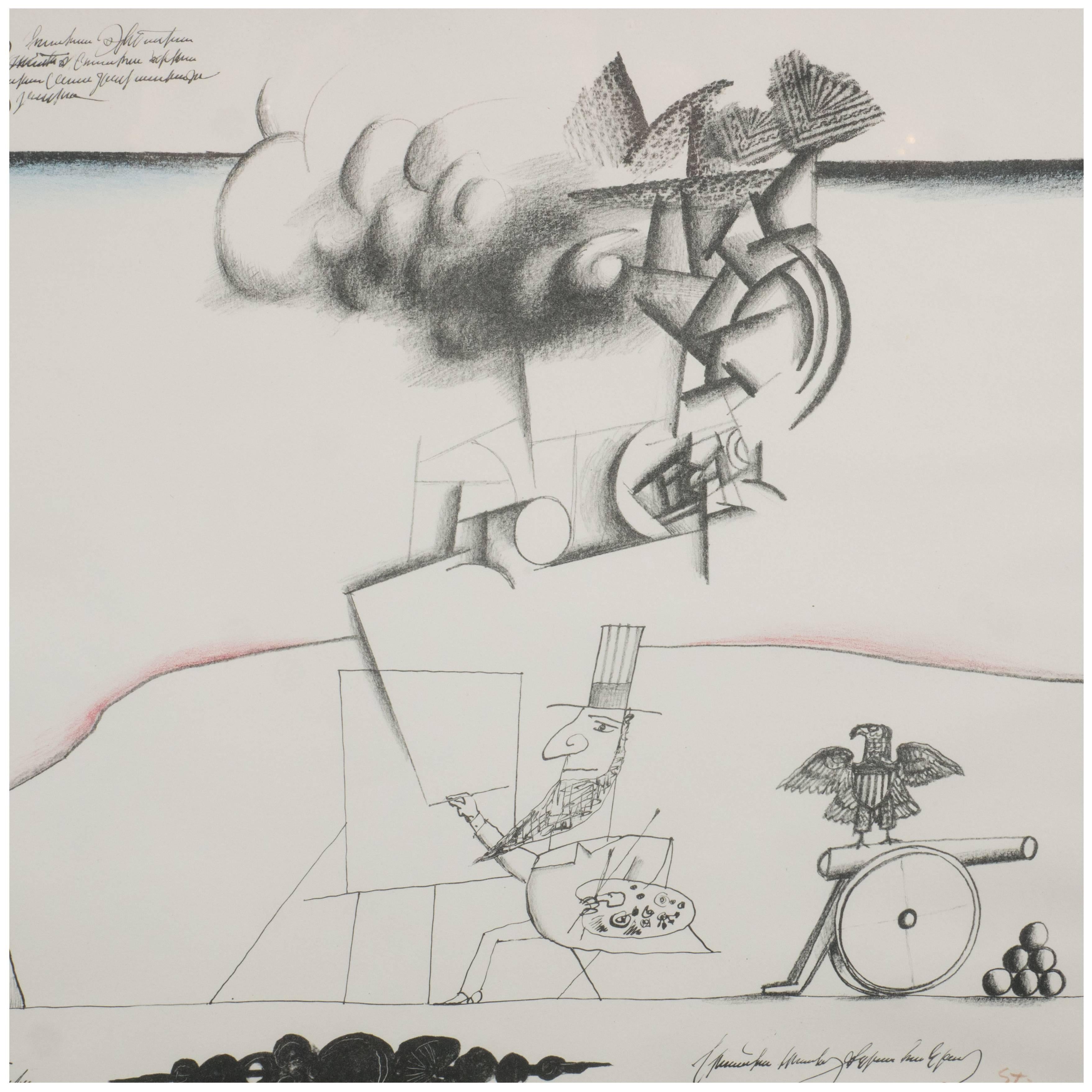American Saul Steinberg (1914-1999) Sam's art from New York international.

A charming cartoon-style drawing, featuring a seated figure of Abraham Lincoln at an easel, drawing doodles loosely based on American printed currency, with an American