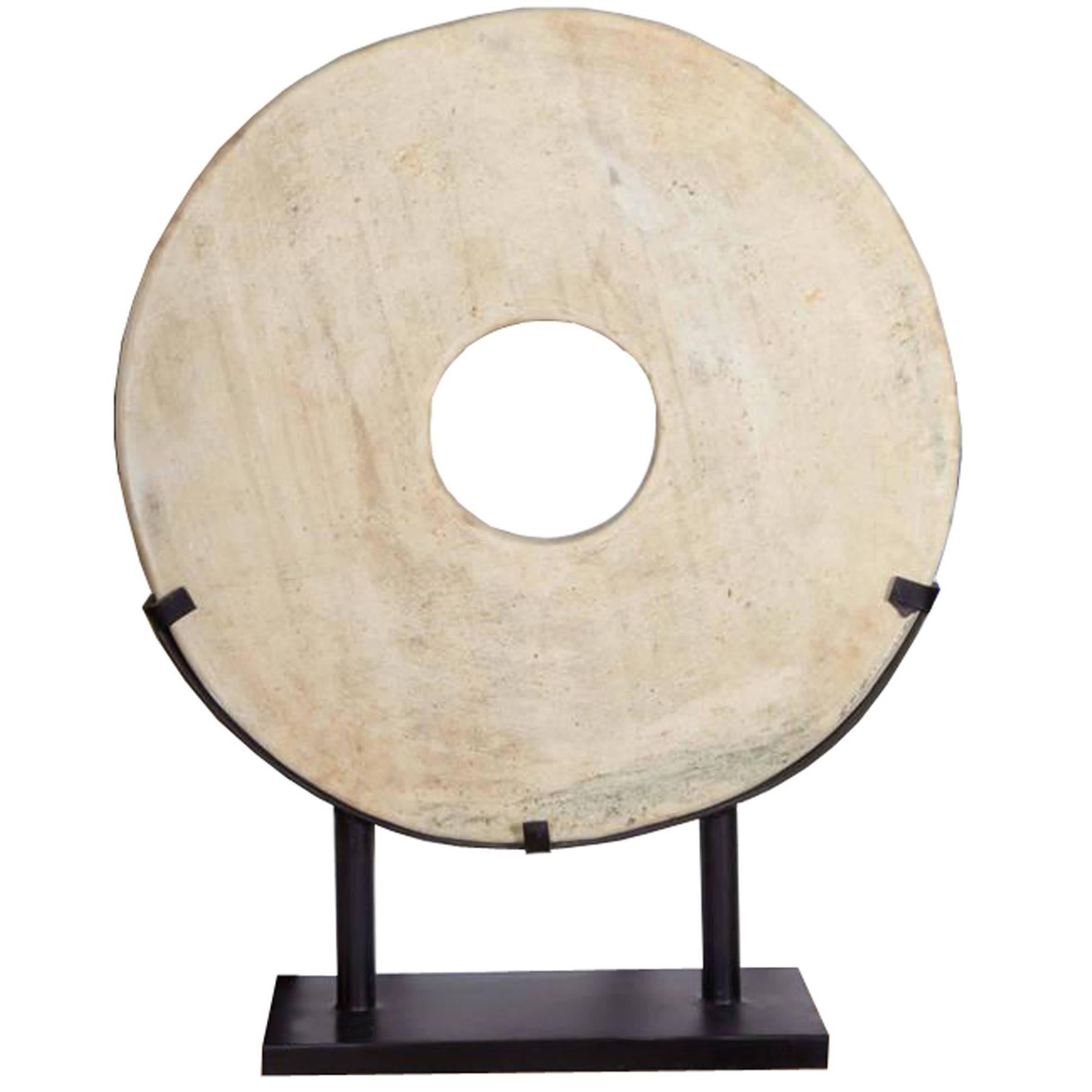 Large White Stone Coin or Wheel on Stand