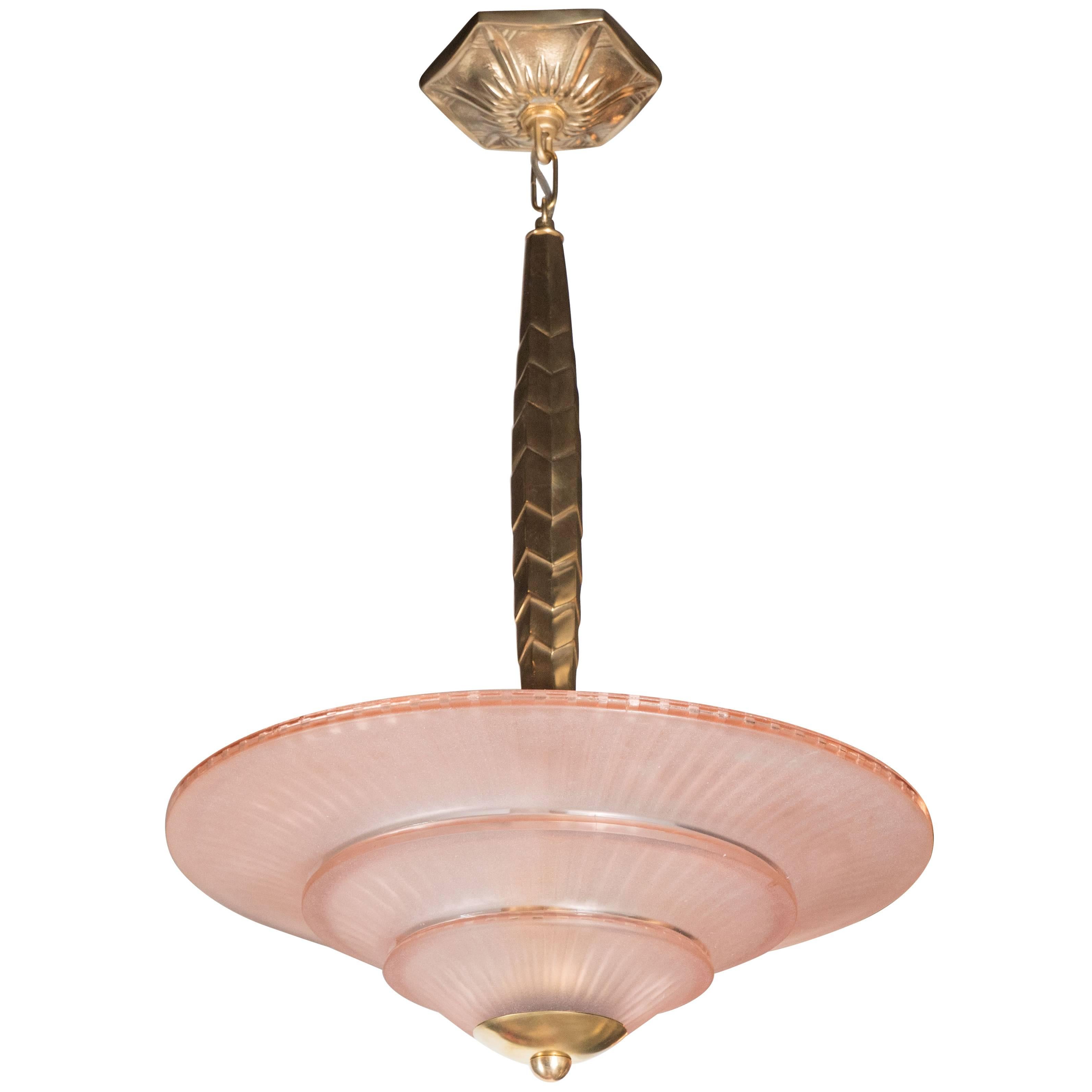 Art Deco Bronze and Frosted Copper Glass Pendant/Chandelier, France, circa 1935
