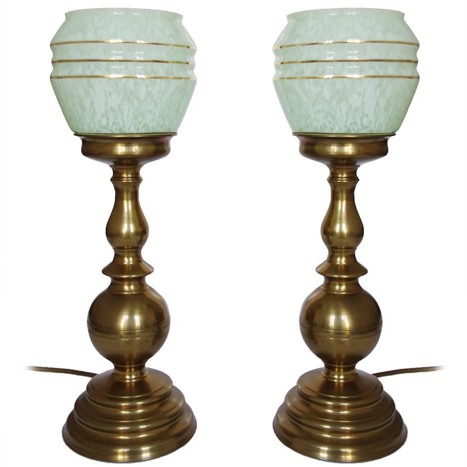  Pair of Beautiful German Vintage Art Deco Brass and Glass Table Lights 1950s