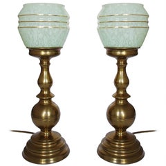  Pair of Beautiful German Vintage Art Deco Brass and Glass Table Lights 1950s