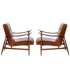 Pair of Jangada Wood Lounge Chairs in Cognac Leather, Brazil, circa 1960s