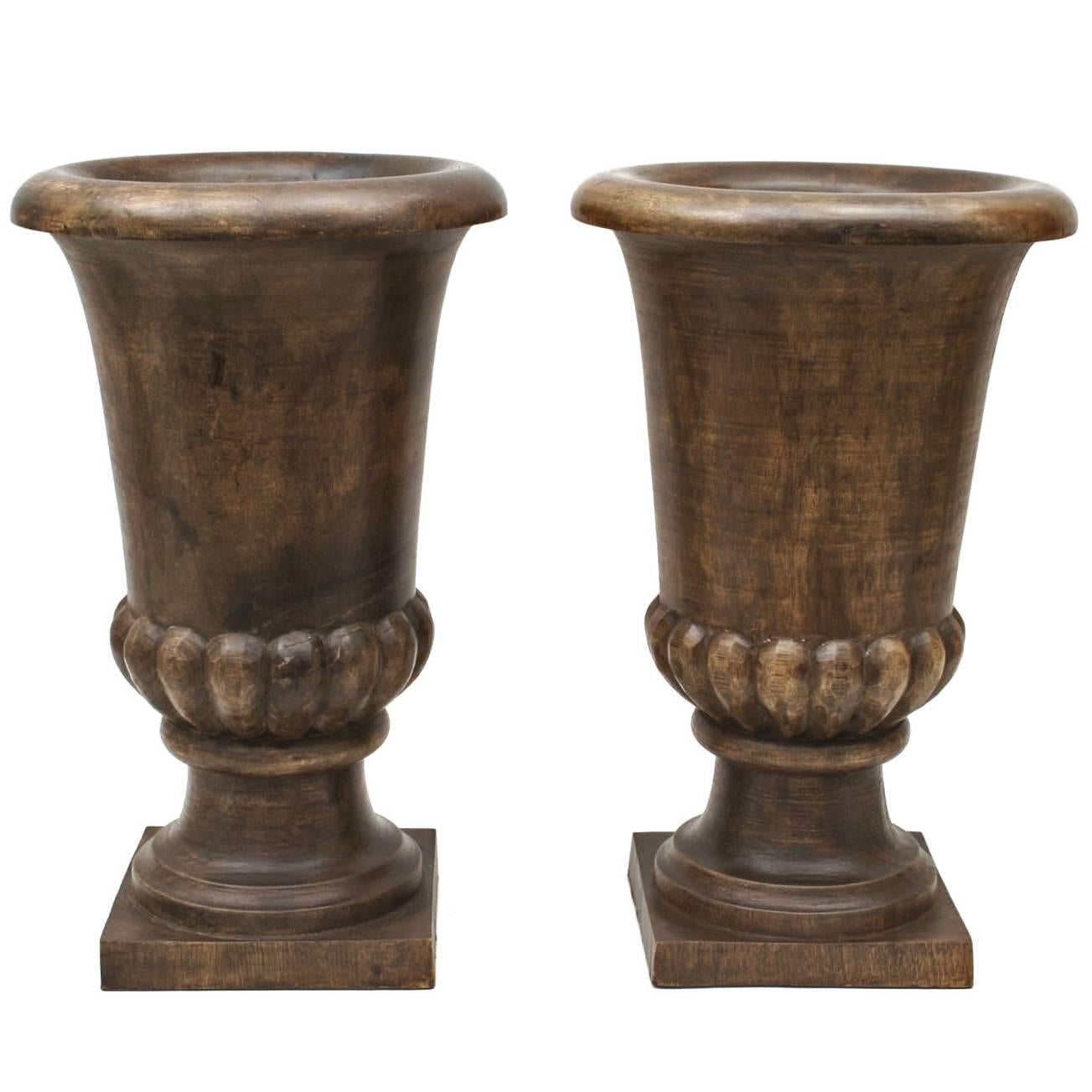 Pair of Large, Early 20th Century French Carved Wood Urns For Sale